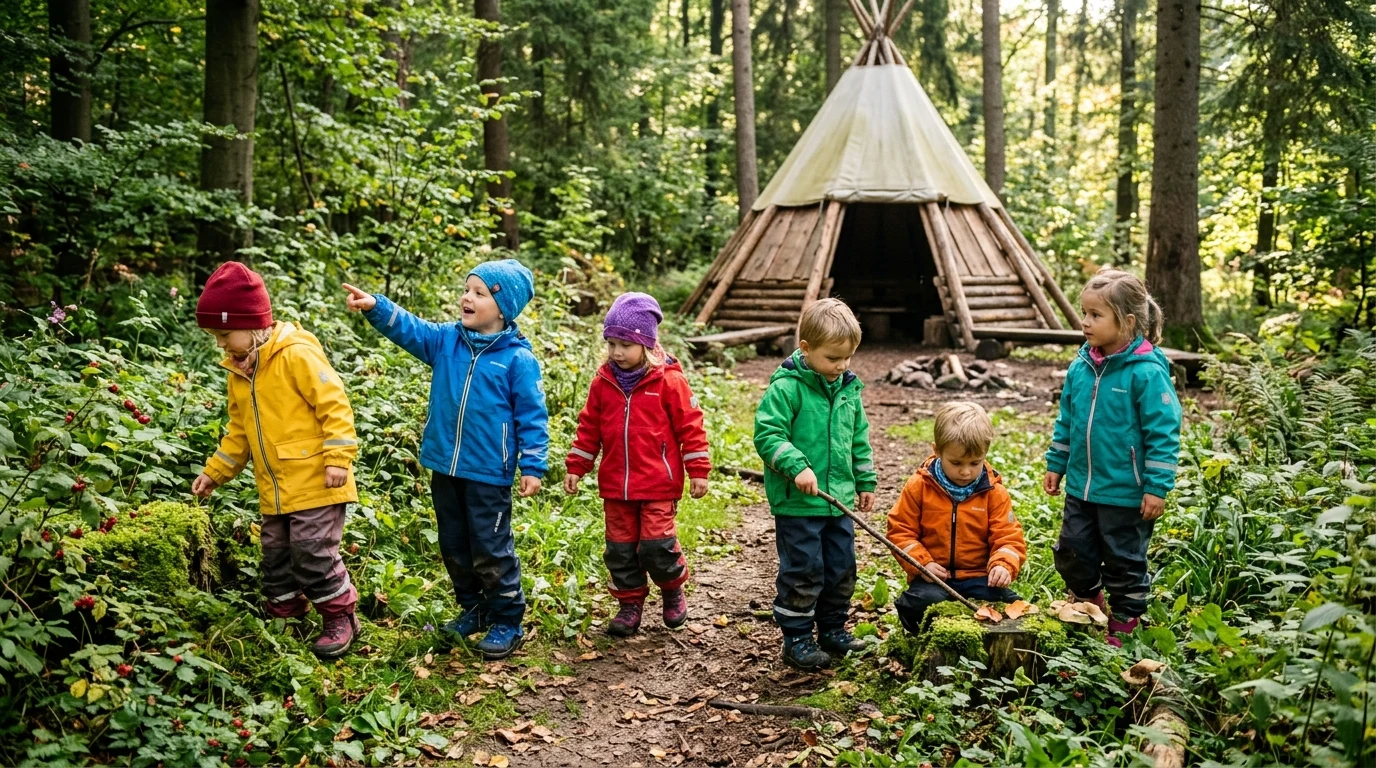 Děti a průvodci v přírodním zázemí lesní školky
