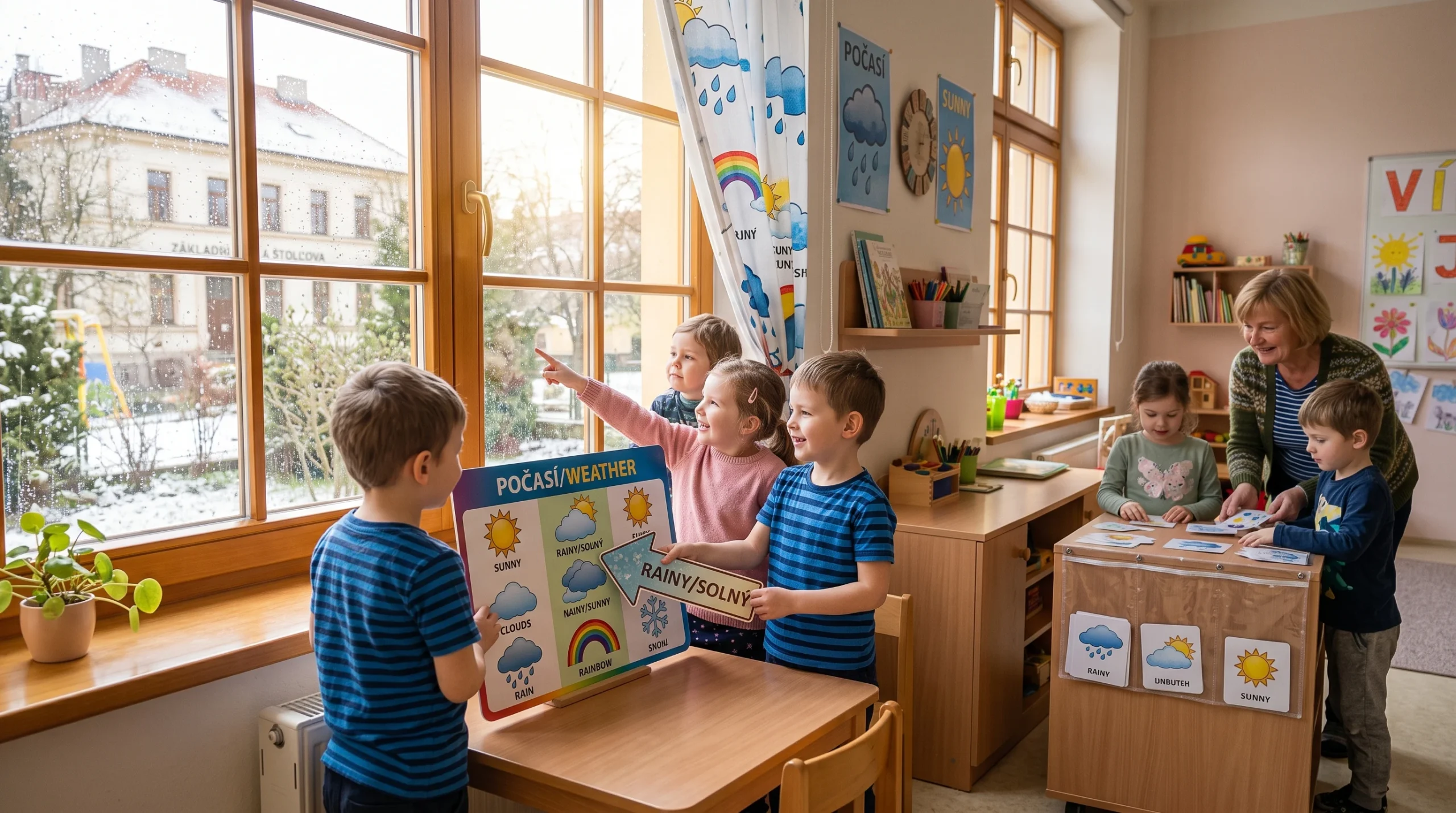 Pocasi a meteorologicke aktivity v materske skole: deti pozoruji pocasove zmeny